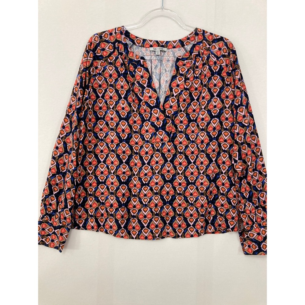 NIC+ZOE Blouse Medium Multicolor Geometric Ikat Print Split V-Neck Viscose - Picture 3 of 11